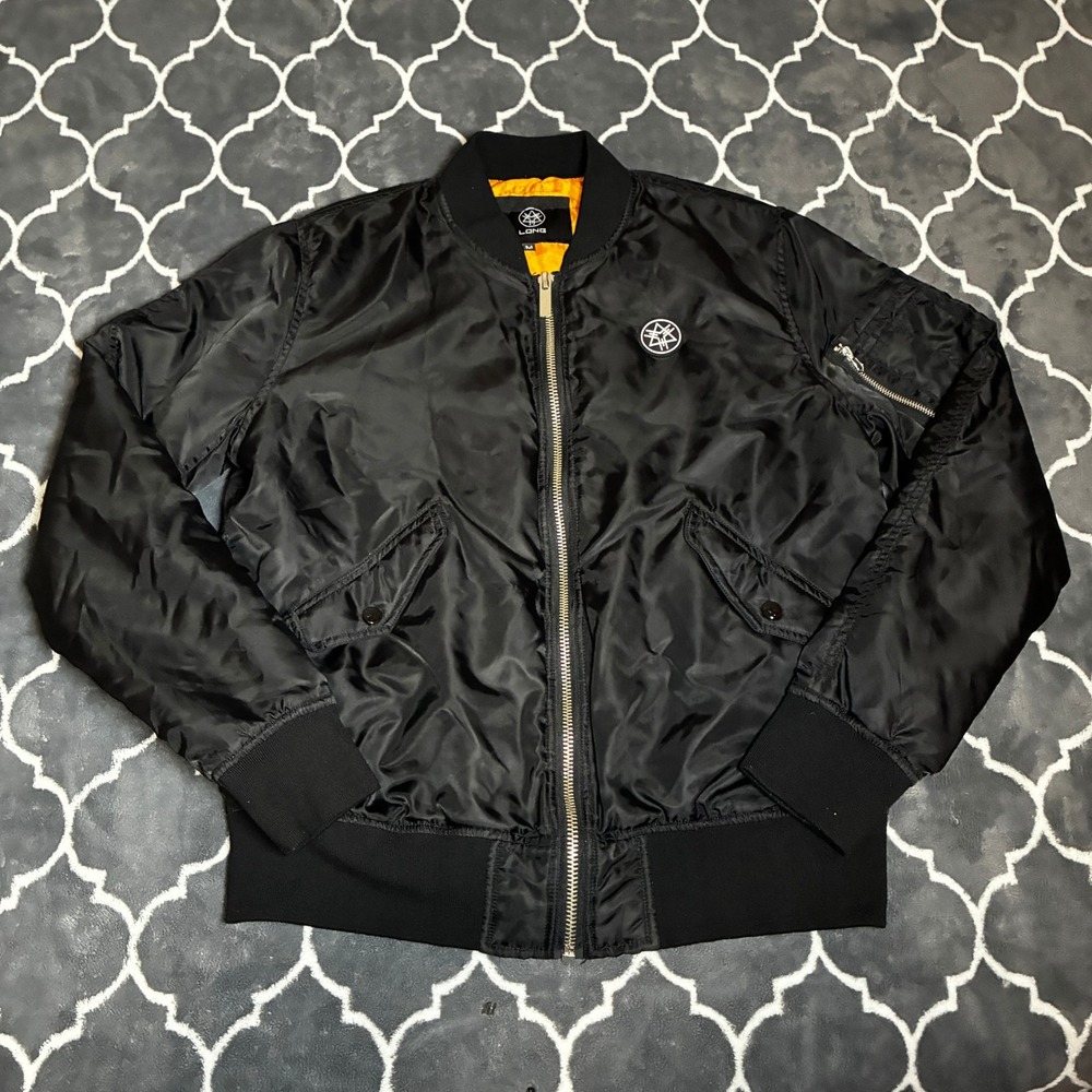 Long Clothing Mens MA-1 Bomber Jacket Black Orange Lining Streetwear Size Medium